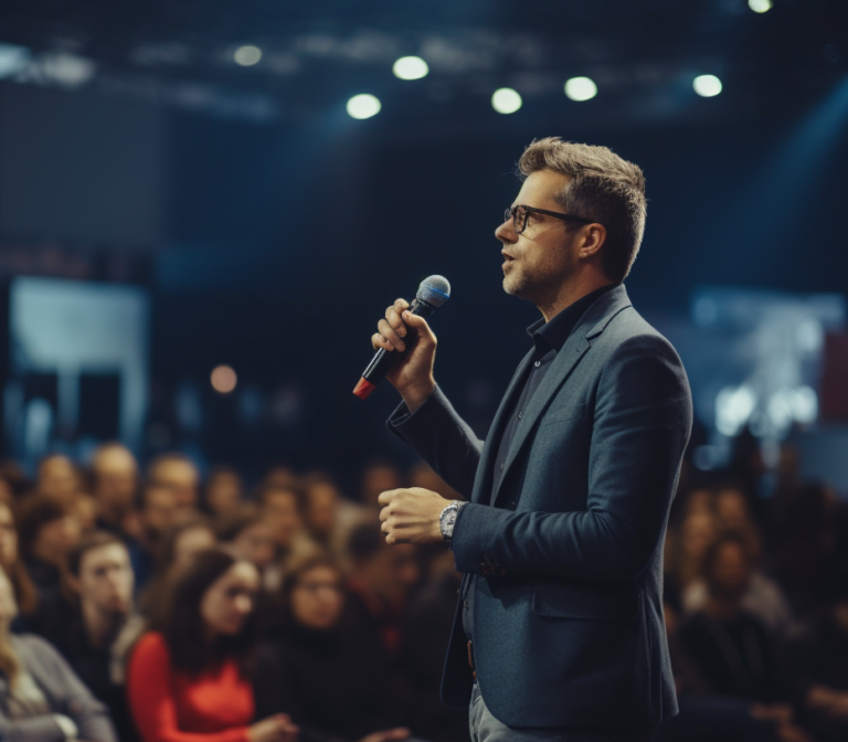 Speaker talking on a stage at a product launch